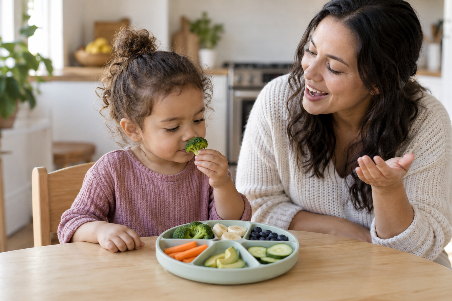 A preschooler smells a broccoli floret while sitting with a caregiver beside a plate of colorful fruits and vegetables.