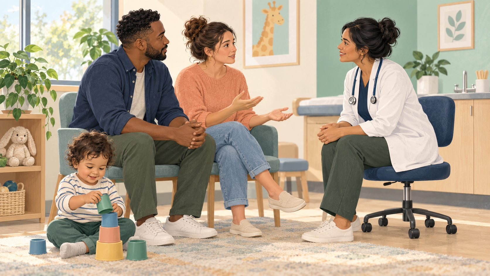 A pediatric clinician listens to two caregivers while their toddler plays with stacking cups on the clinic floor.