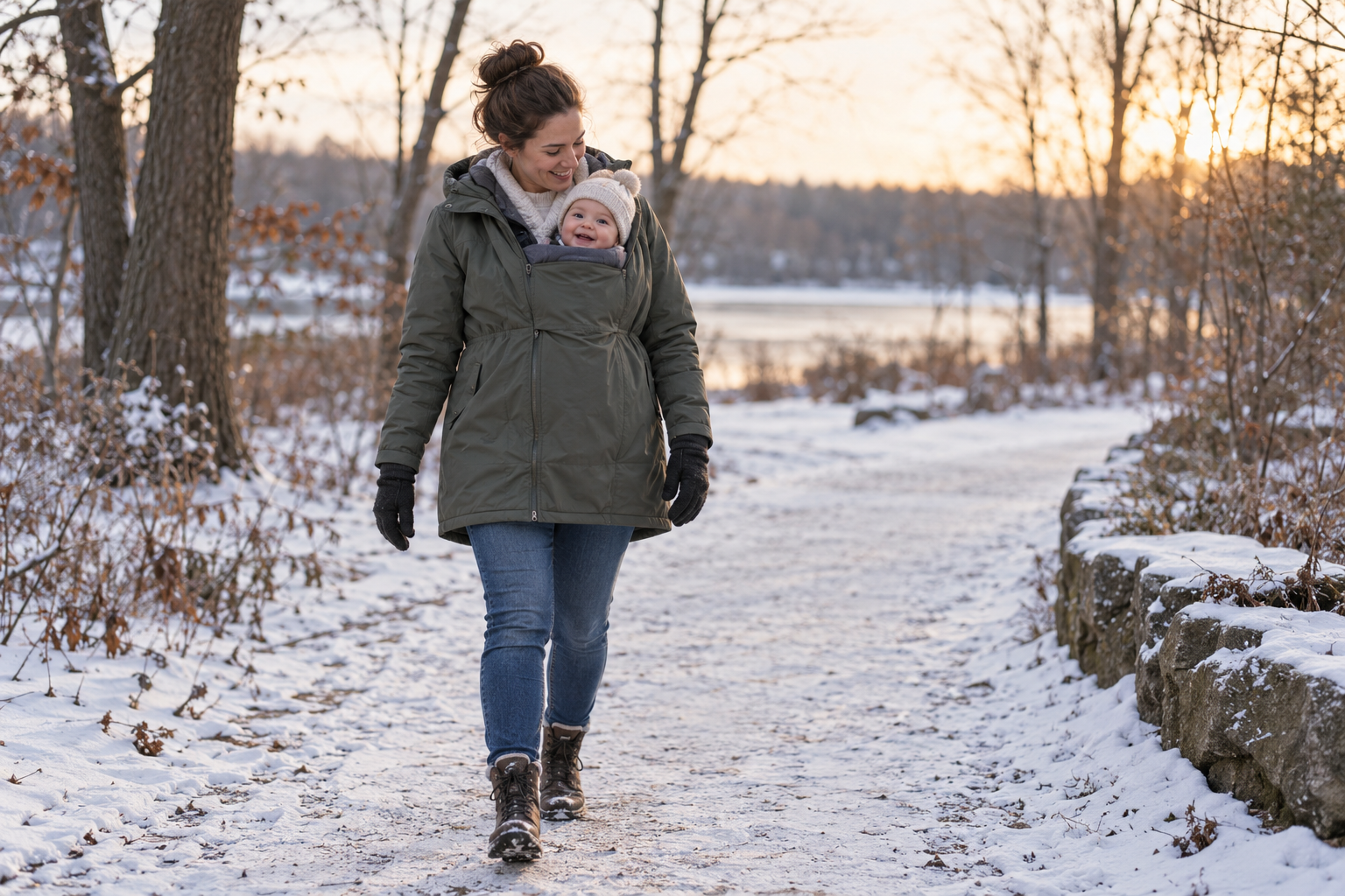 Postpartum parent walks in a snowy park with an upright baby in a front carrier under an extended winter coat, with the baby's face uncovered.