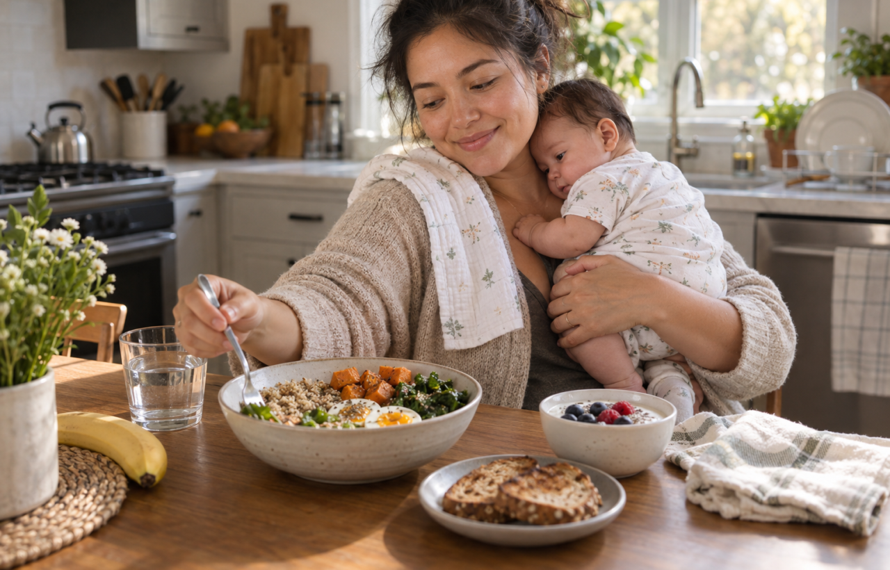 A parent holds a baby at a kitchen table beside a grain and vegetable bowl, yogurt, fruit, toast, and water.