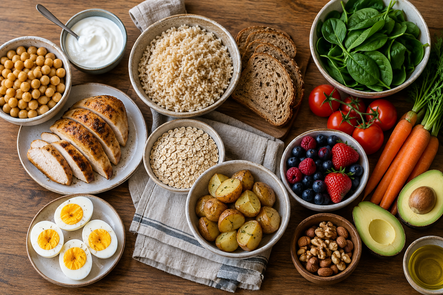 Protein foods, grains and potatoes, fruits, vegetables, nuts, avocado, and olive oil arranged in three groups on a table.