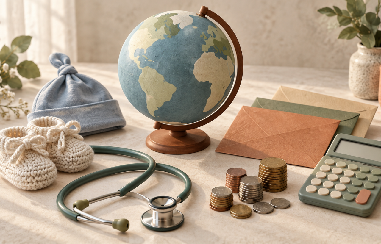 An unmarked globe, newborn clothing, a stethoscope, calculator, envelopes, and coins arranged as a childbirth budgeting still life.