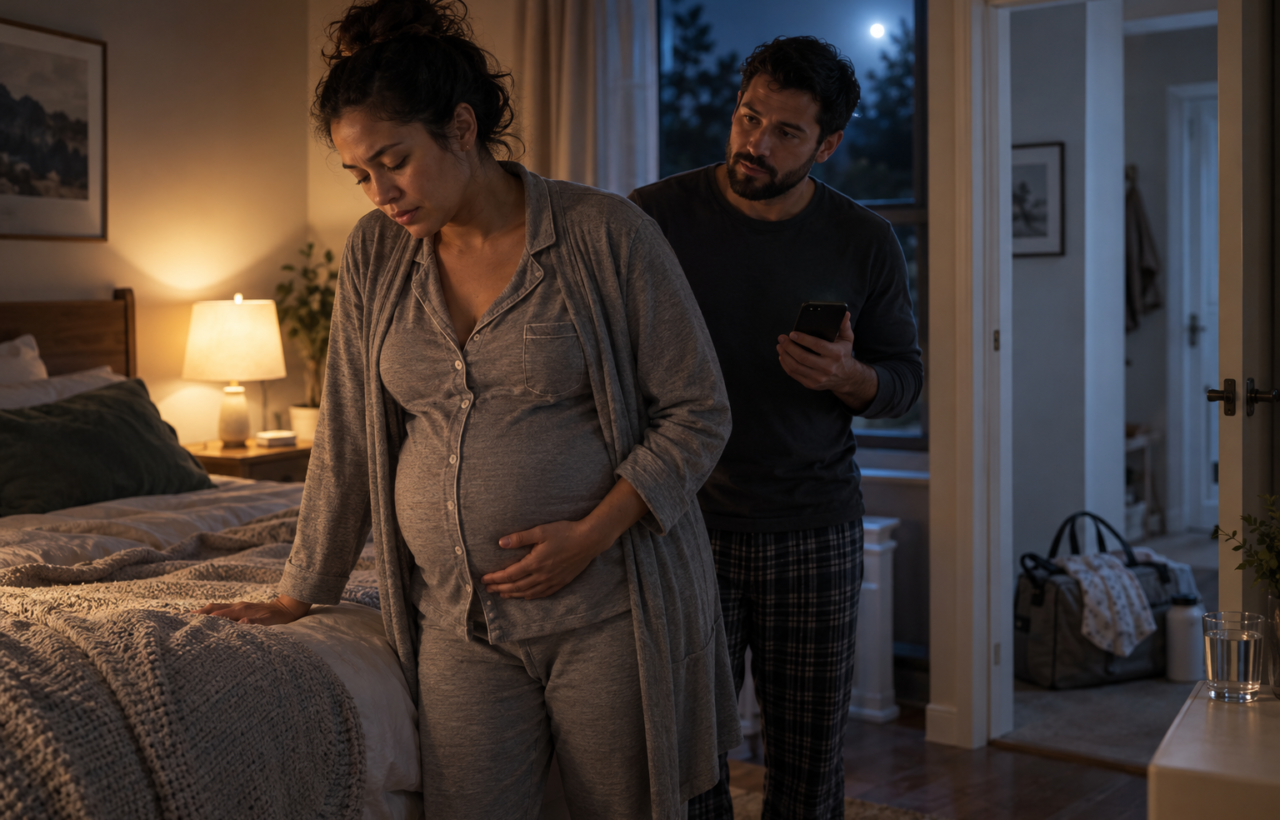 Pregnant person pausing with a hand on their abdomen at night while a supportive partner holds a phone nearby.