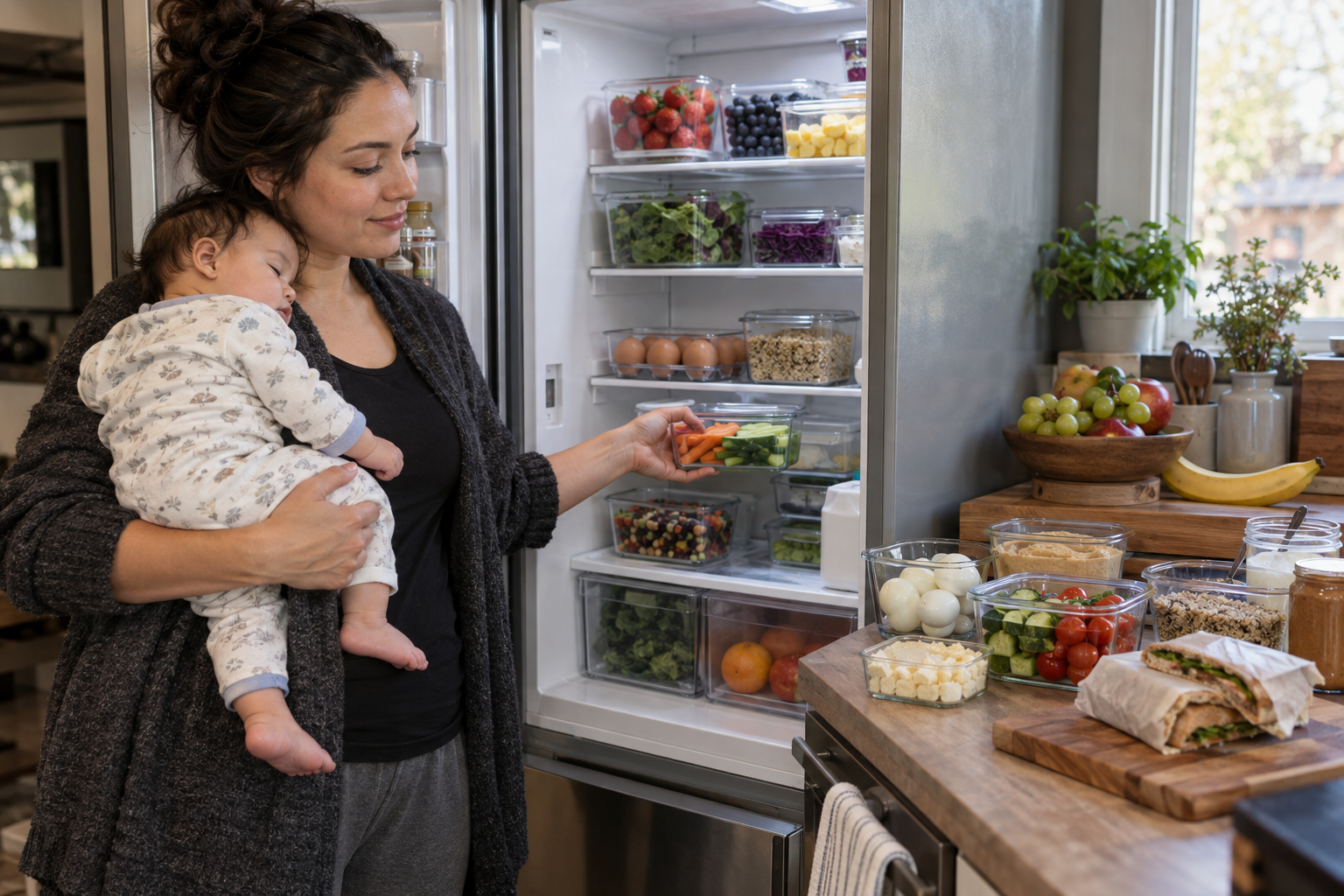 A caregiver holding a baby reaches into a refrigerator filled with prepared snacks, fruit, vegetables, eggs, yogurt, and sandwiches.