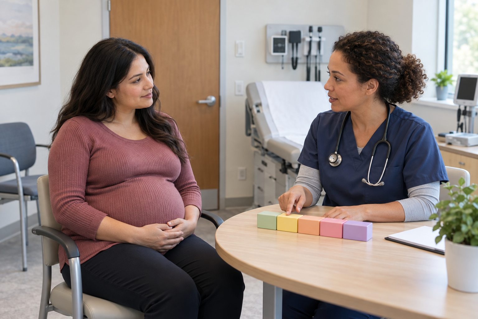 Pregnant patient speaking with a maternity clinician beside an unmarked visual timeline in a clinic.