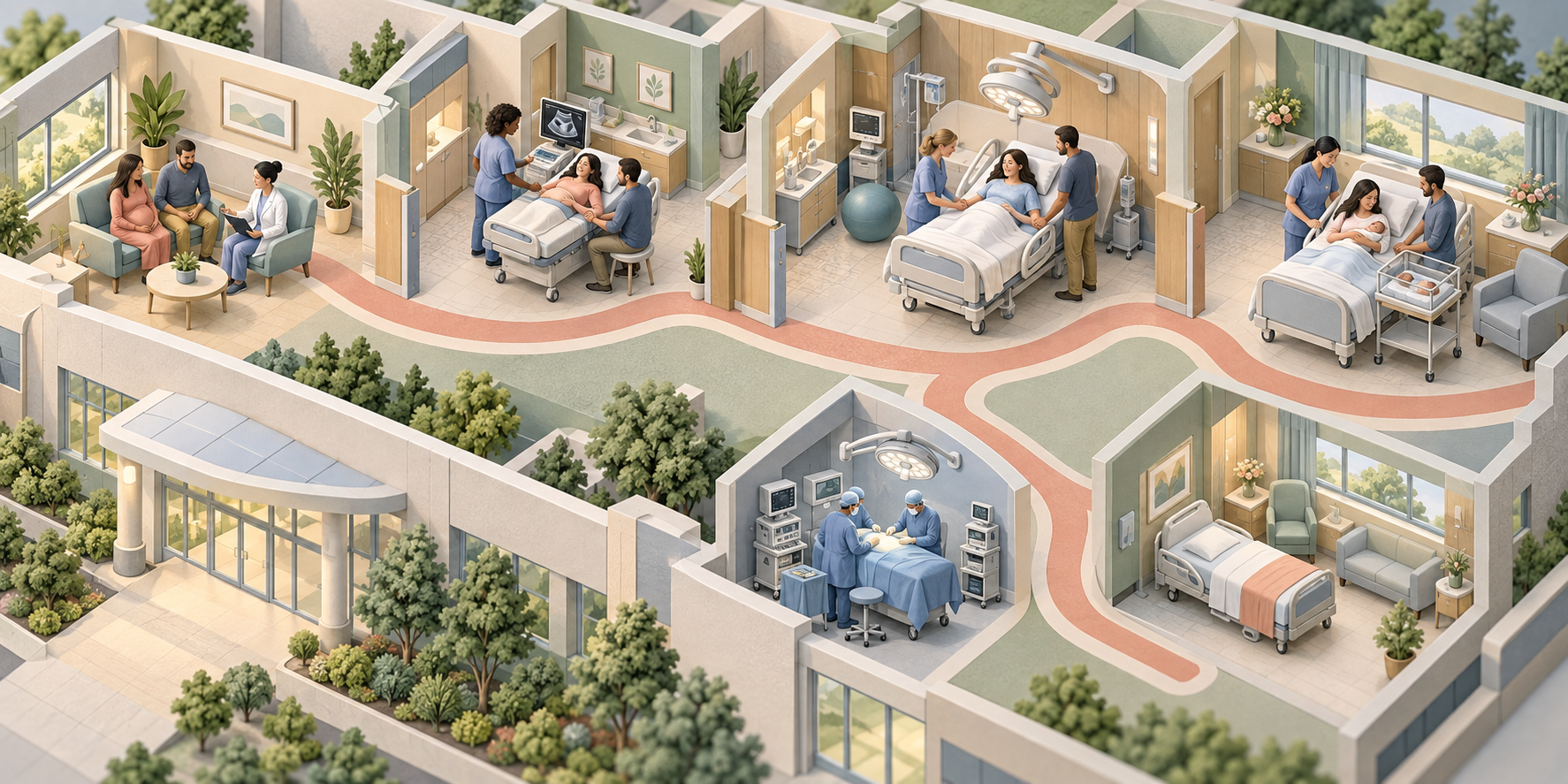 An expectant couple follows a connected hospital pathway through consultation, prenatal care, delivery, and recovery rooms, with alternate routes to additional care.