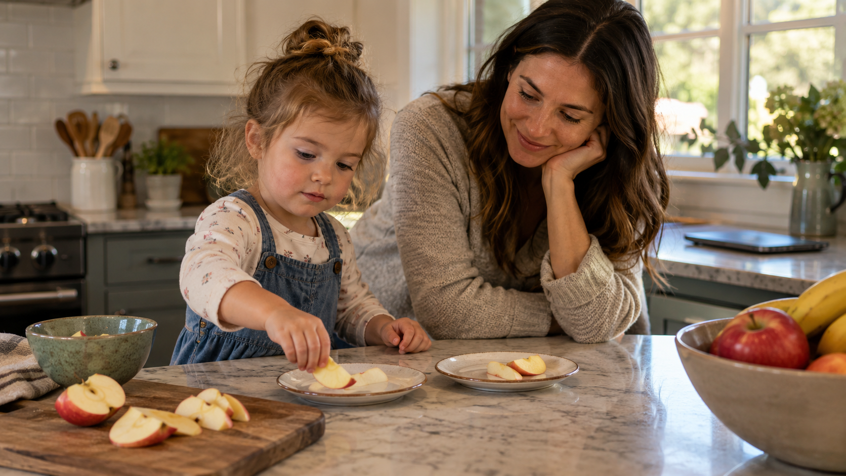 A parent and preschooler count apple slices while preparing a snack with a closed tablet in the background.