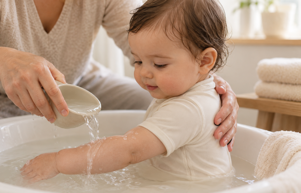 A caregiver supports a baby sitting in a shallow tub of cloudy oatmeal bathwater and gently rinses the baby's arm.