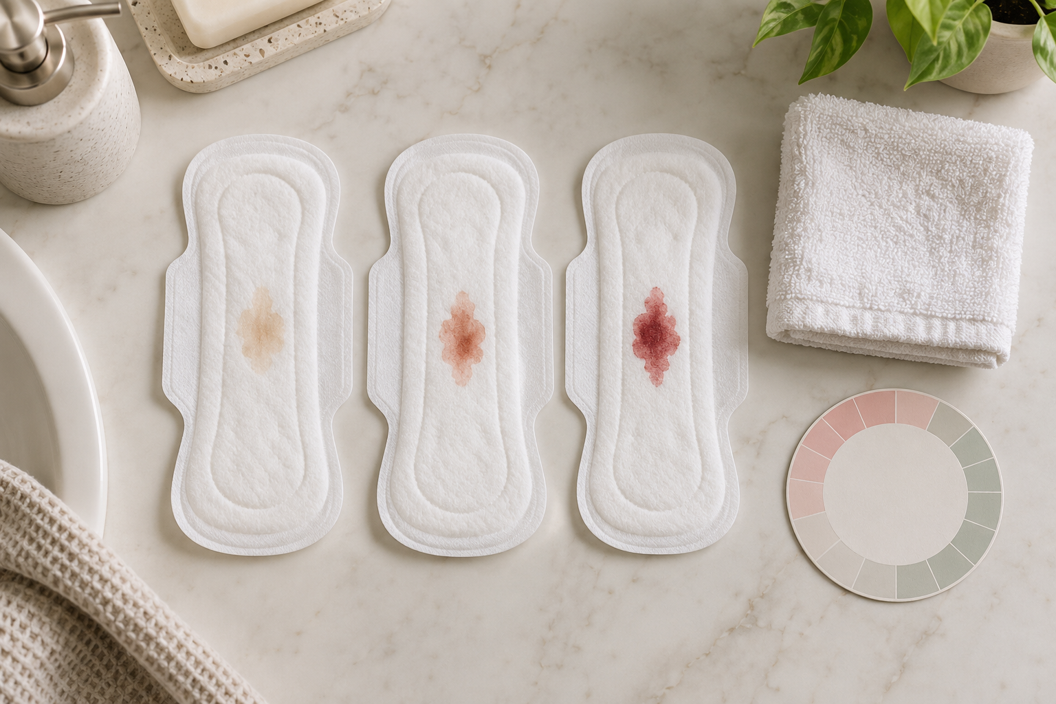 Three menstrual pads with small tan, rust, and red marks are arranged beside a folded washcloth on a bathroom counter.