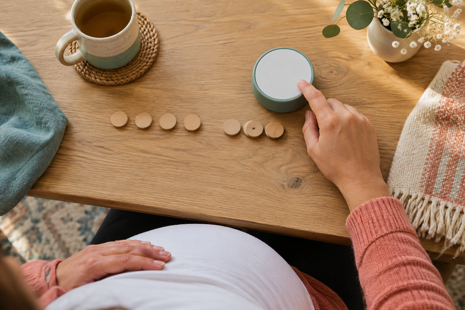 Hands on a pregnant abdomen and a blank-faced timer beside objects arranged to suggest a repeating pattern.