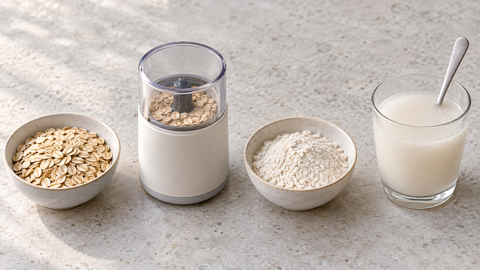 Plain rolled oats, a grinder, finely ground oat powder, and a glass of milky water show the preparation of bath-ready oatmeal.