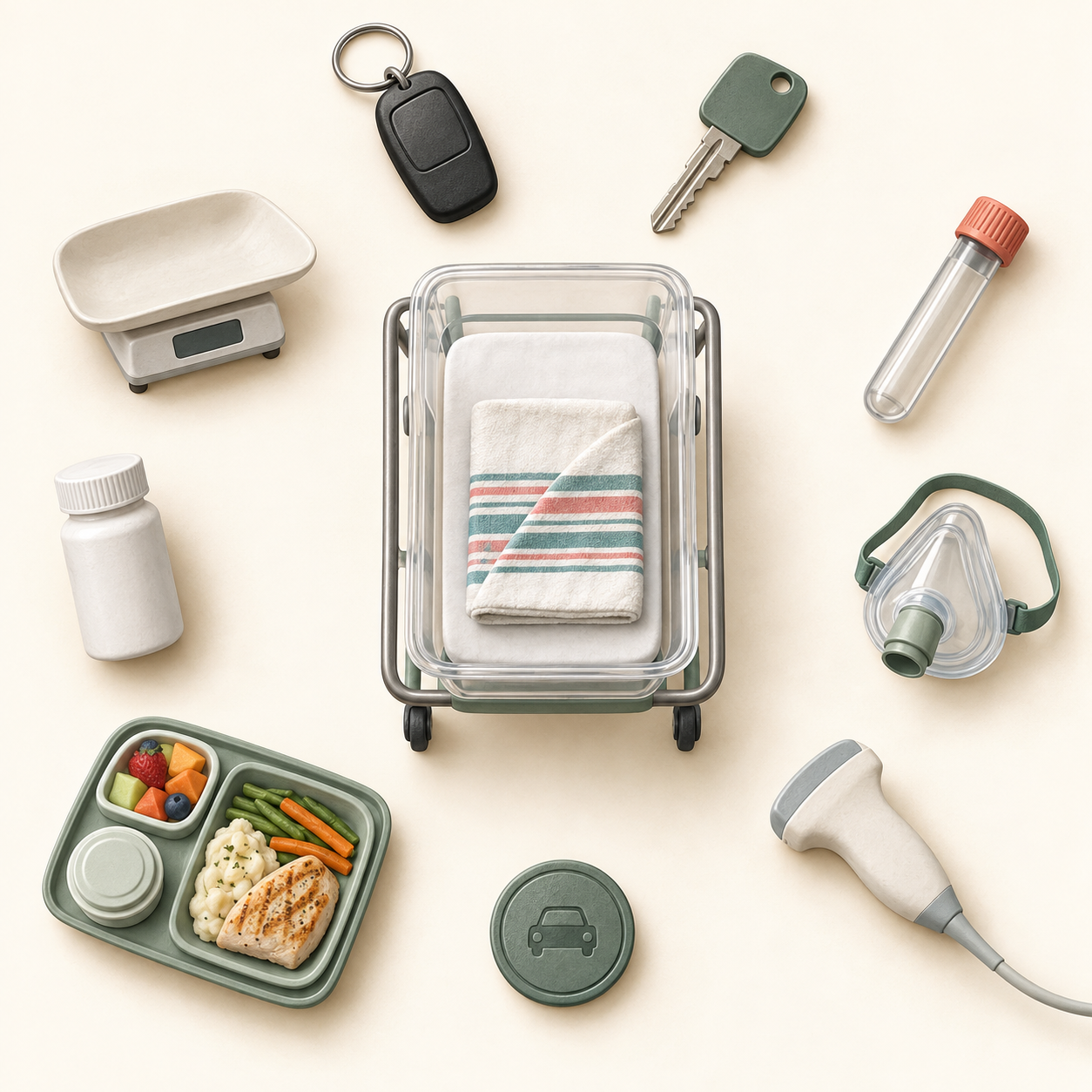 A hospital bassinet and maternity blanket are surrounded by separate items representing transport, private rooms, laboratory work, anesthesia, imaging, parking, meals, medicine, and newborn care.