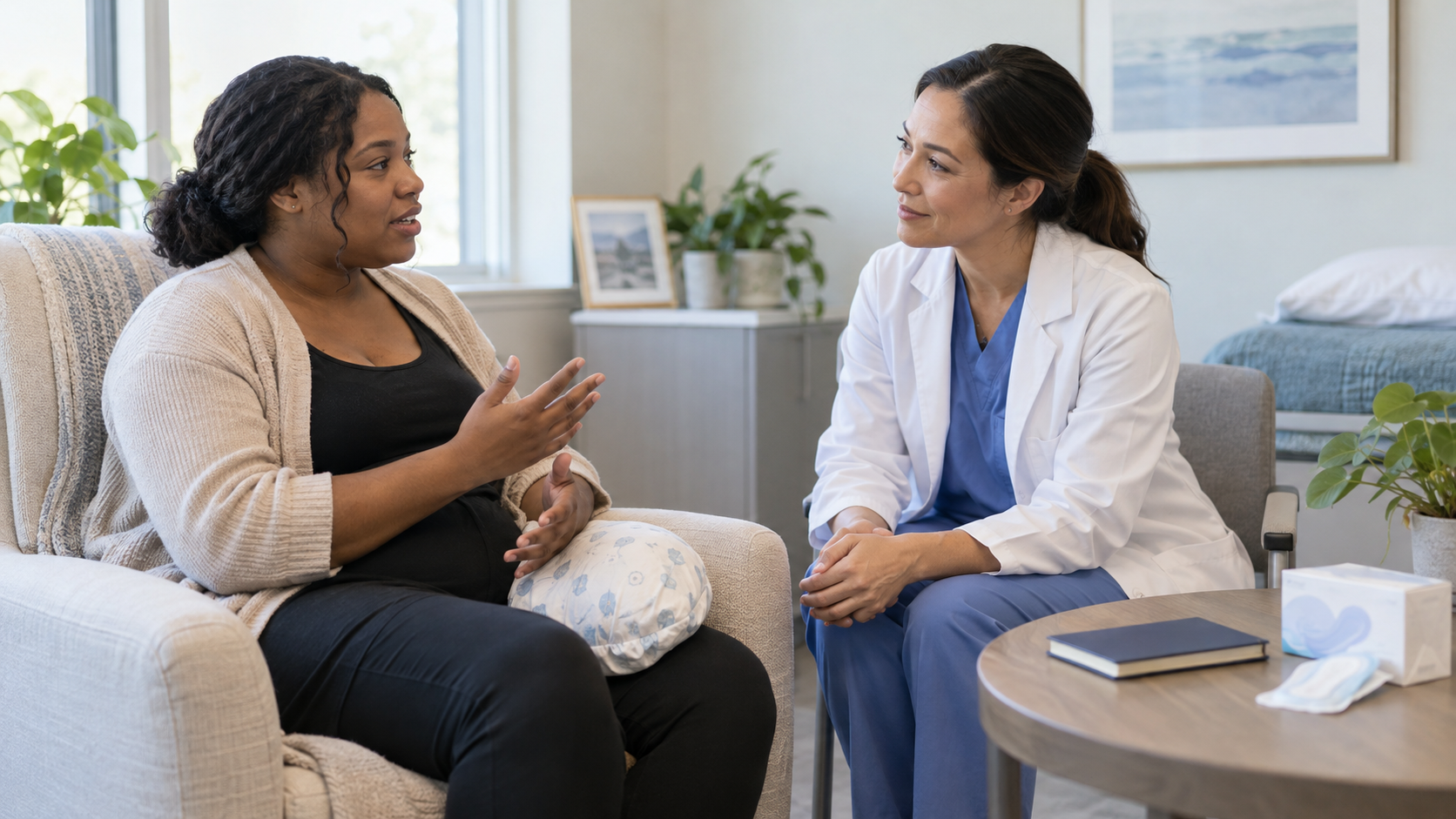 A postpartum patient talks with an attentive healthcare professional in a bright clinic room, with a plain box of menstrual pads on a side table.