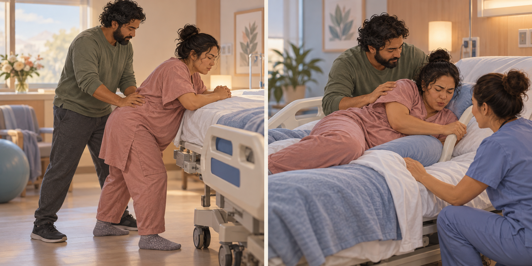 Two-panel illustration of a laboring person coping with a contraction and later pushing in a supported side-lying position.