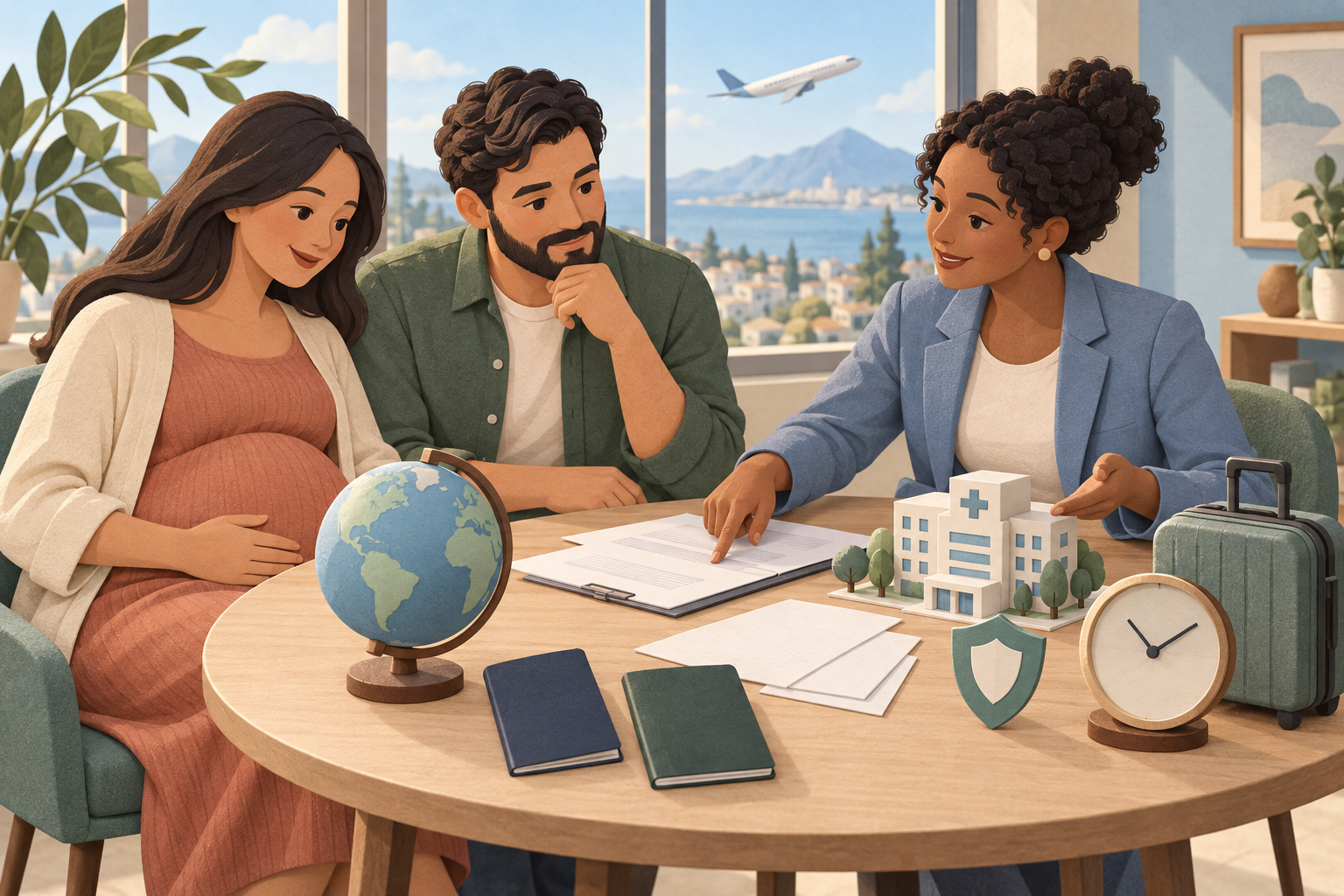 An expectant couple and an adviser review blank documents beside a globe, suitcase, coverage symbol, and hospital model while an airplane passes outside.