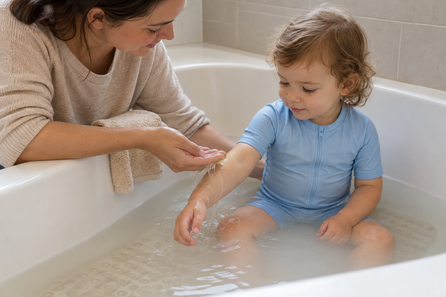 A caregiver stays within reach while gently bathing a seated toddler in shallow, cloudy oatmeal bathwater.