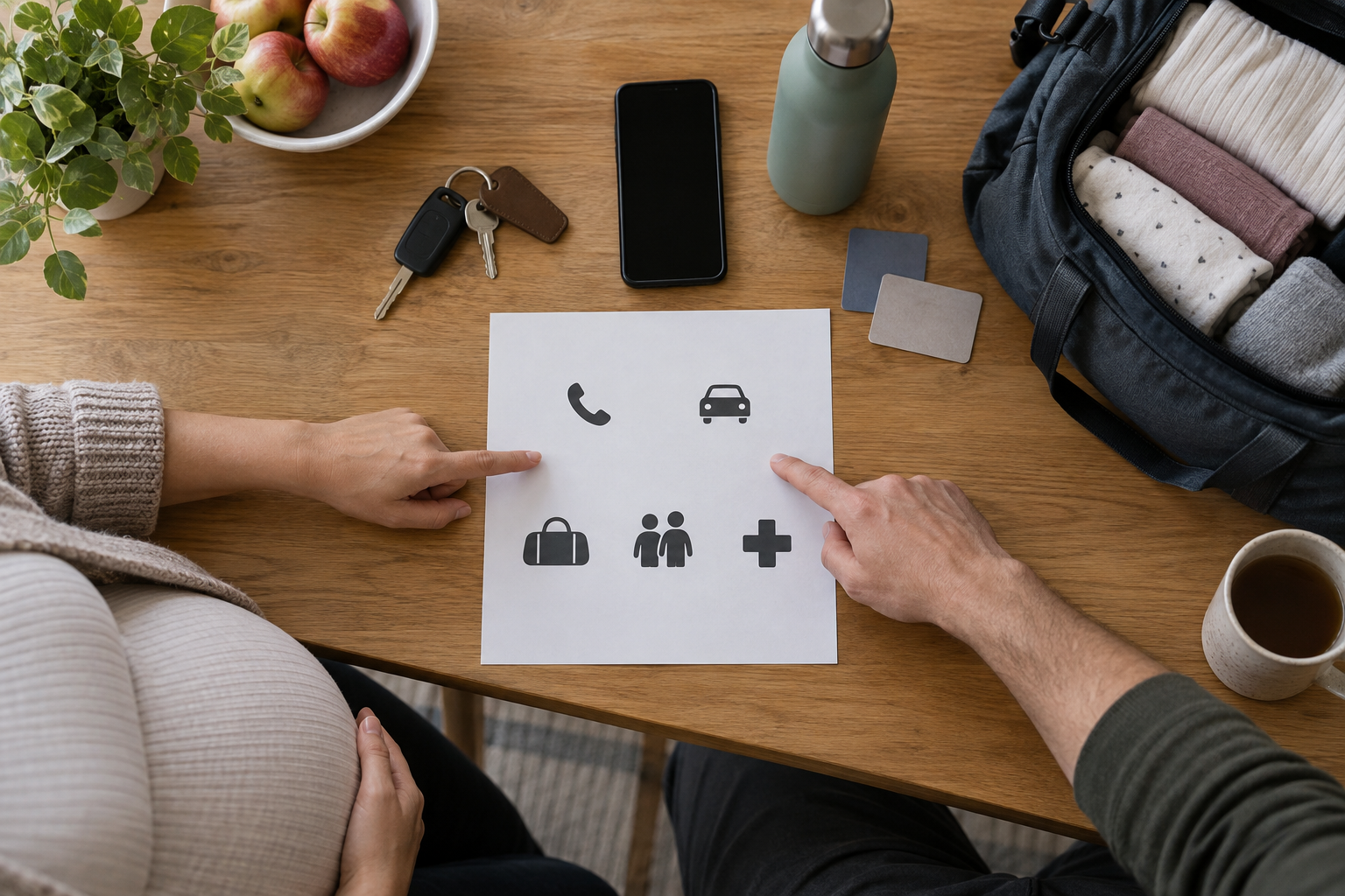 Pregnant person and support person reviewing an icon-based labor preparation sheet beside keys, a phone, water, and a packed bag.