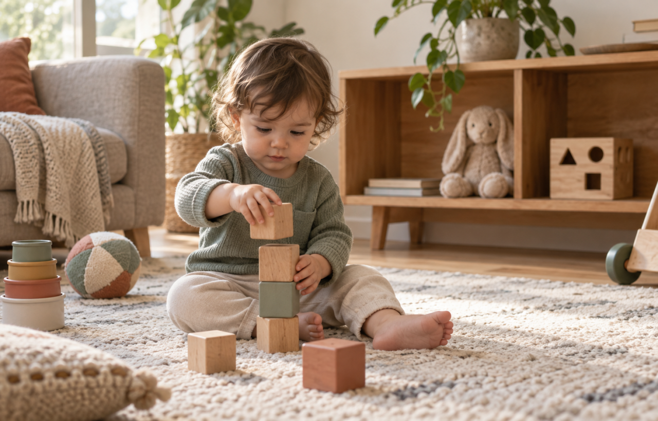 A toddler stacks wooden blocks on a rug beside a low shelf holding a small selection of toys and board books.