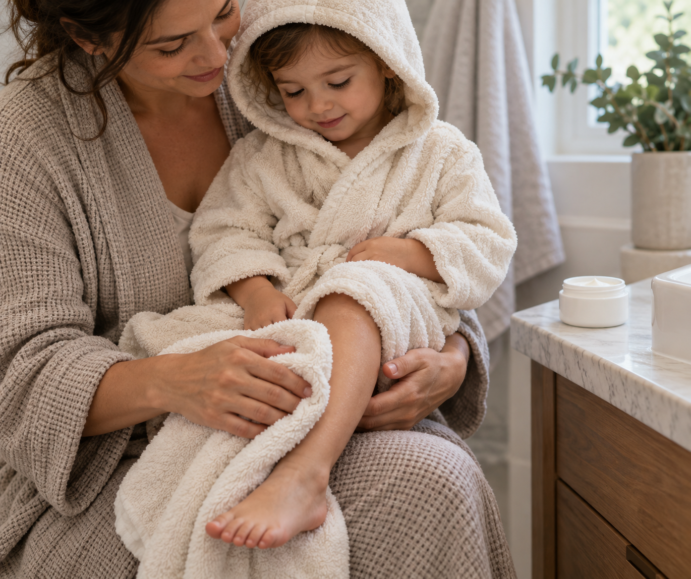 A caregiver gently pats a toddler's lower leg dry with a soft towel after a bath, with plain moisturizer nearby.