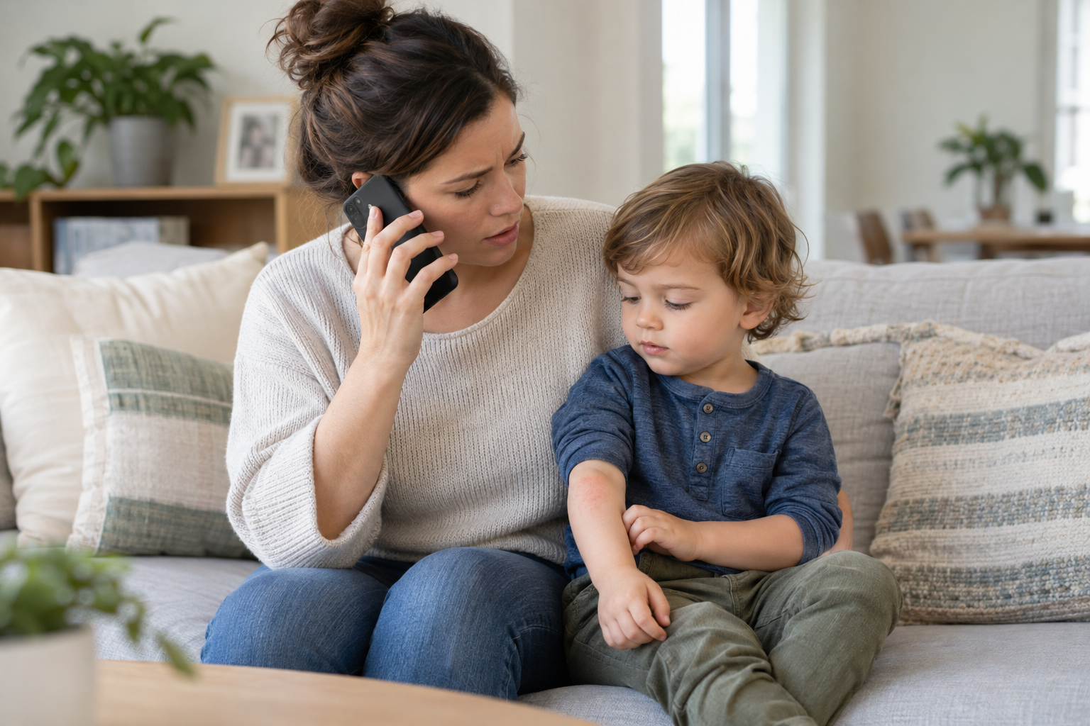 A caregiver calls for medical advice while sitting beside a clothed toddler with a red, irritated patch on the forearm.