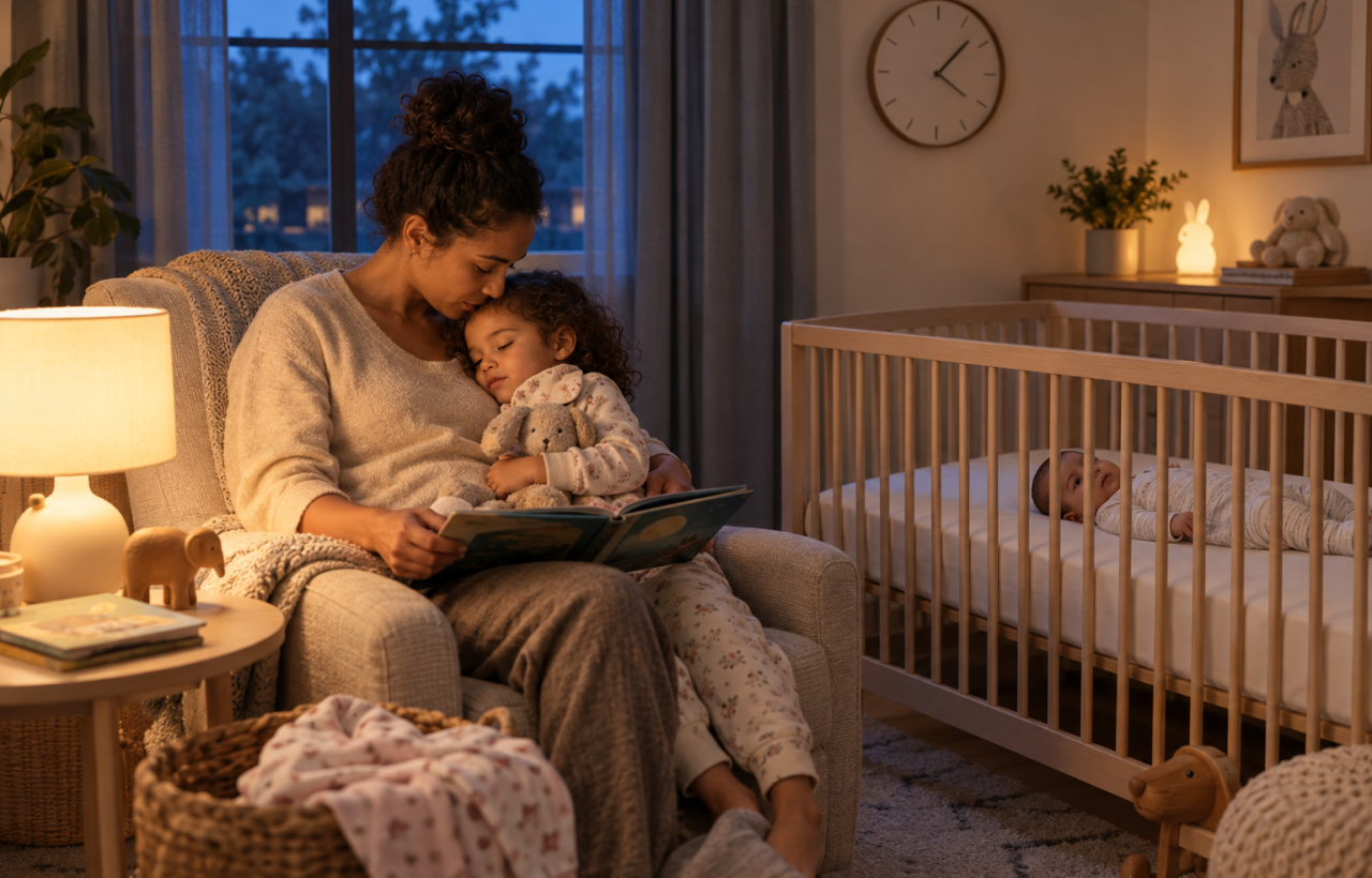 A caregiver settles a toddler in a softly lit nursery while a baby rests in a nearby crib and twilight shows through the window.