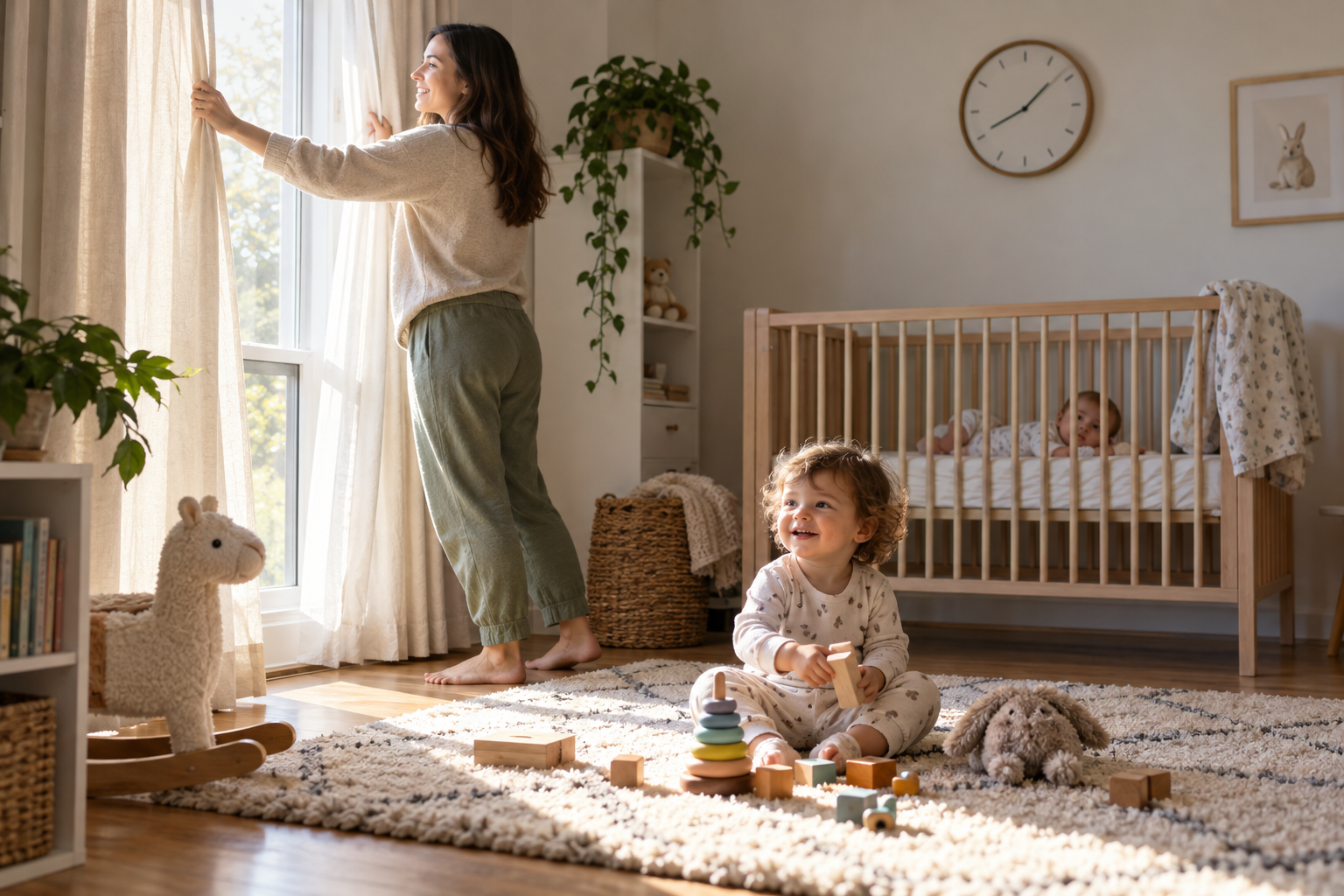 A parent opens nursery curtains to morning light as a toddler plays on the floor and a baby lies awake in a crib.