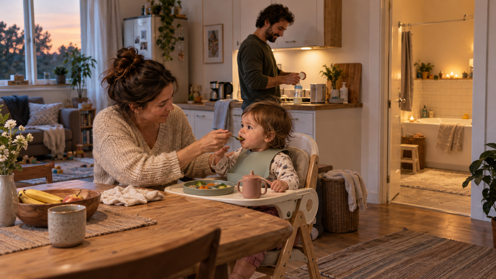 Caregivers prepare a toddler's supper and a baby's bottle while a bath area is visible in the background.