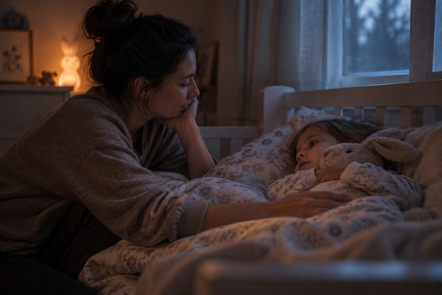 A caregiver quietly comforts an awake toddler beside the bed while pale predawn light appears at the window.