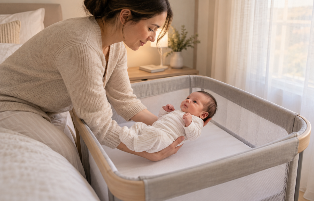 A parent gently lowers a newborn onto their back in a bare bedside bassinet with a firm, flat mattress and fitted sheet.