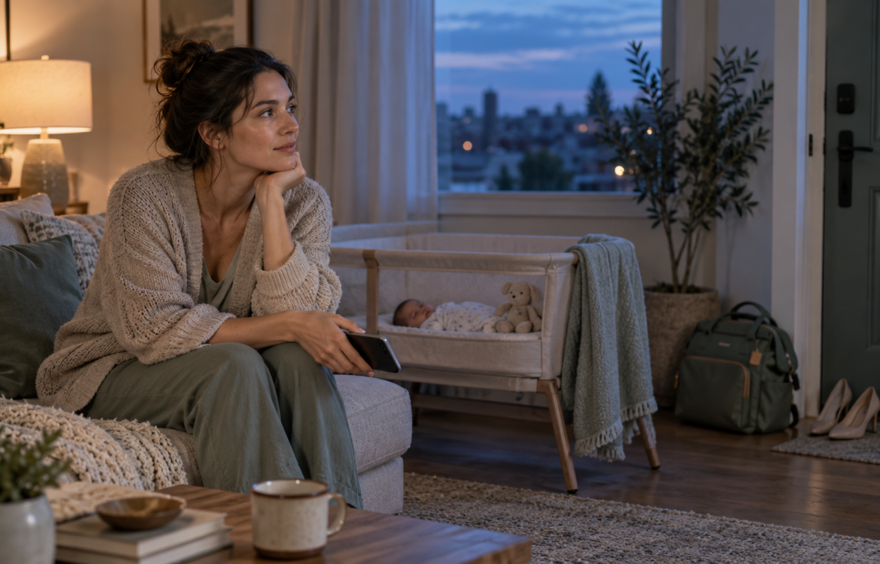 A reflective postpartum parent sits on a sofa holding a phone while a baby sleeps in a nearby bassinet.