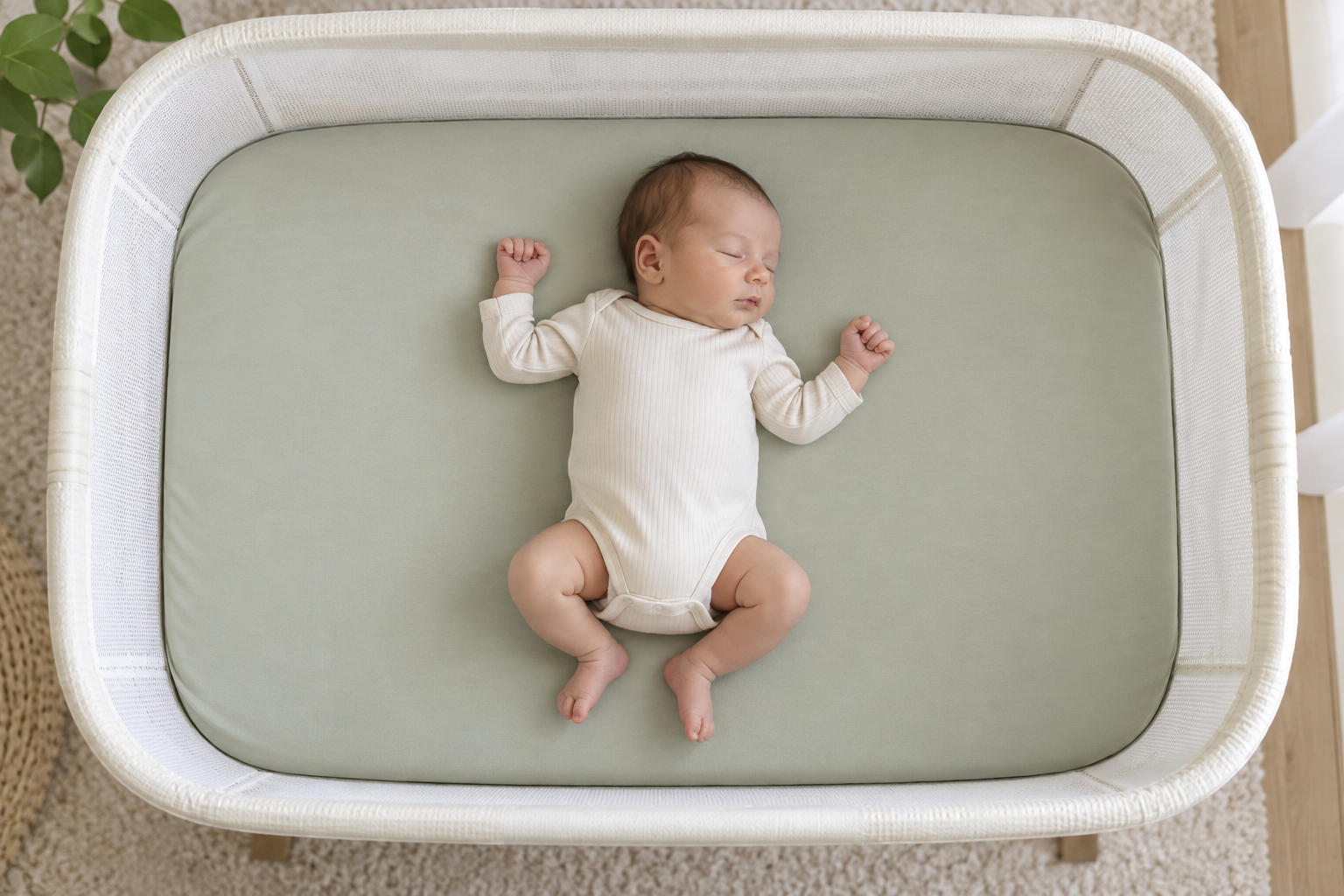 A newborn lies on their back in an empty bassinet with a firm, flat mattress and snug fitted sheet.