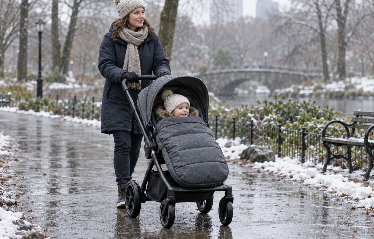 Parent pushing a toddler in a stroller with a gray footmuff along a damp park path during light winter precipitation.
