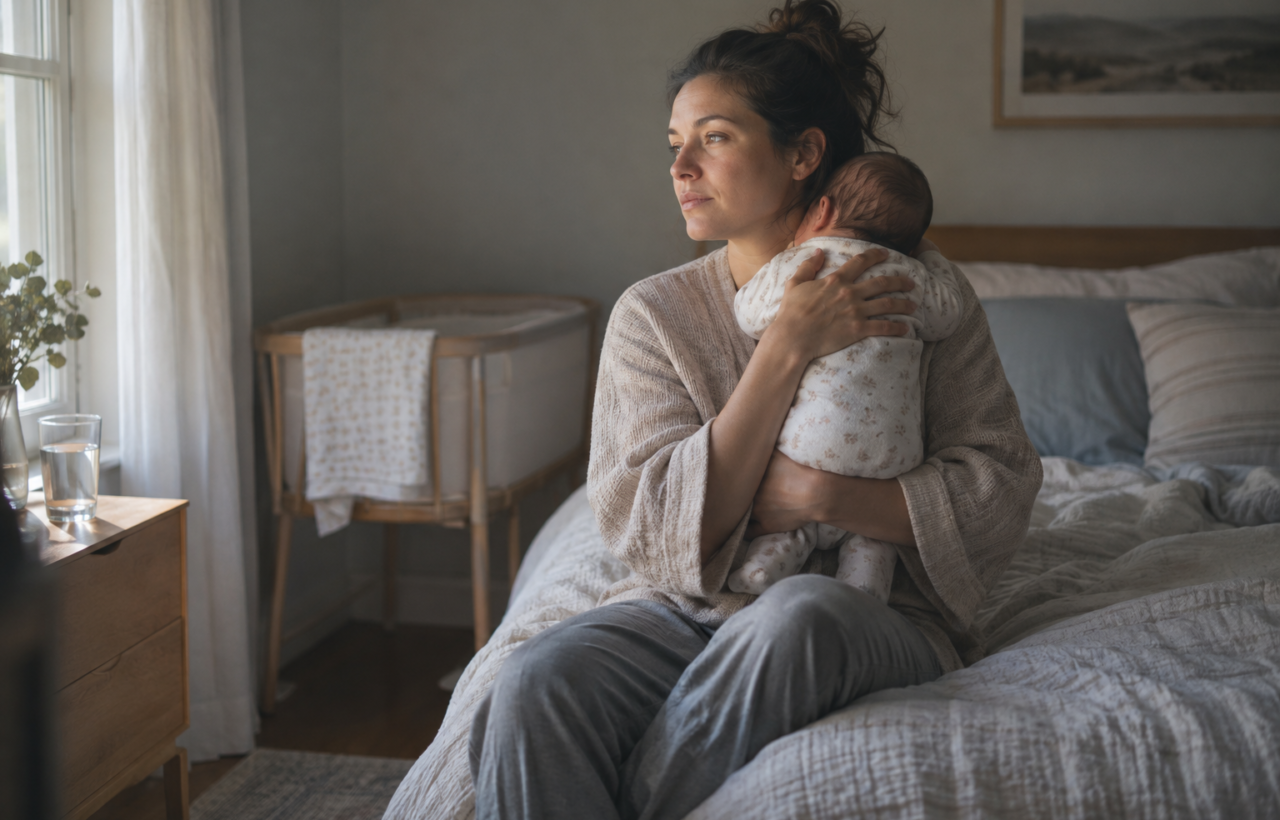A mother sits on the edge of a bed holding her infant and looking toward the morning light with a reflective expression.