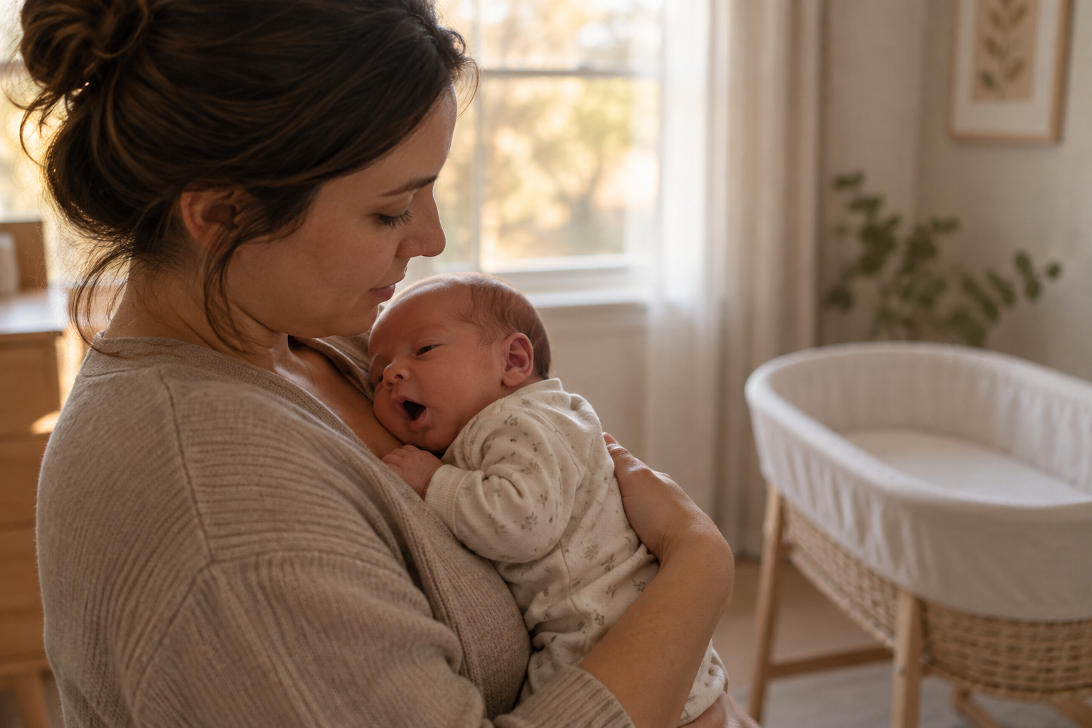 A parent watches a newborn yawn and turn their gaze away while a bare bassinet stands nearby.
