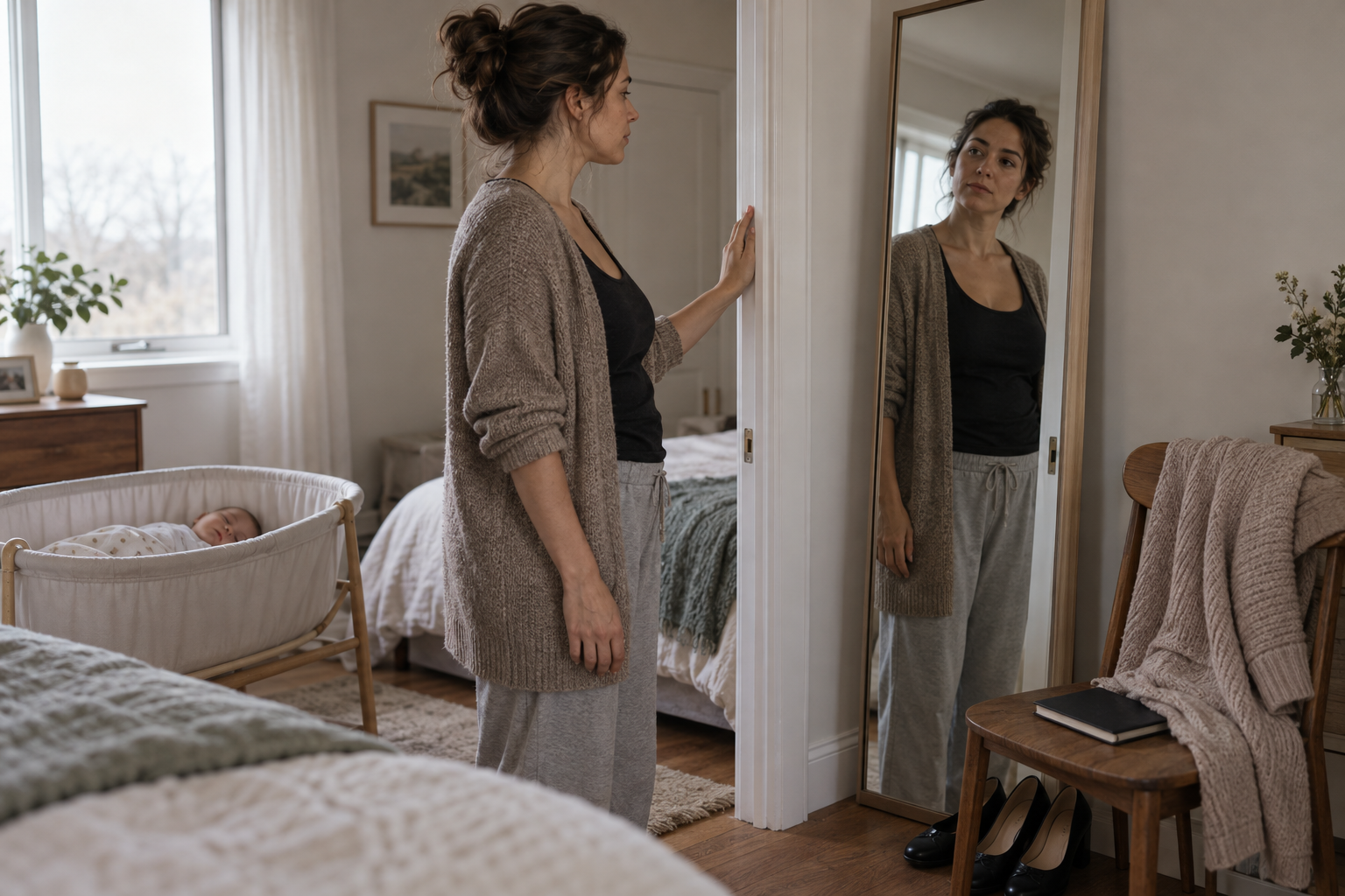 A mother stands beside a mirror and looks at her reflection while her infant sleeps in a bassinet nearby.