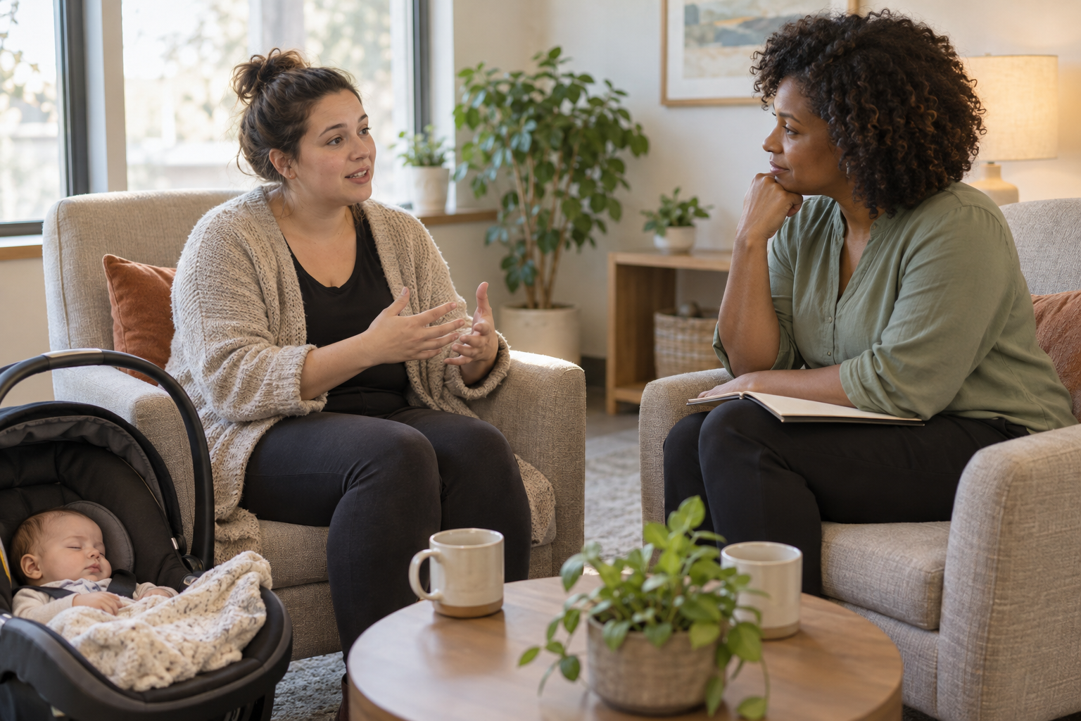 A mother talks with a mental health professional while her infant sleeps in a carrier beside her in a quiet clinic room.