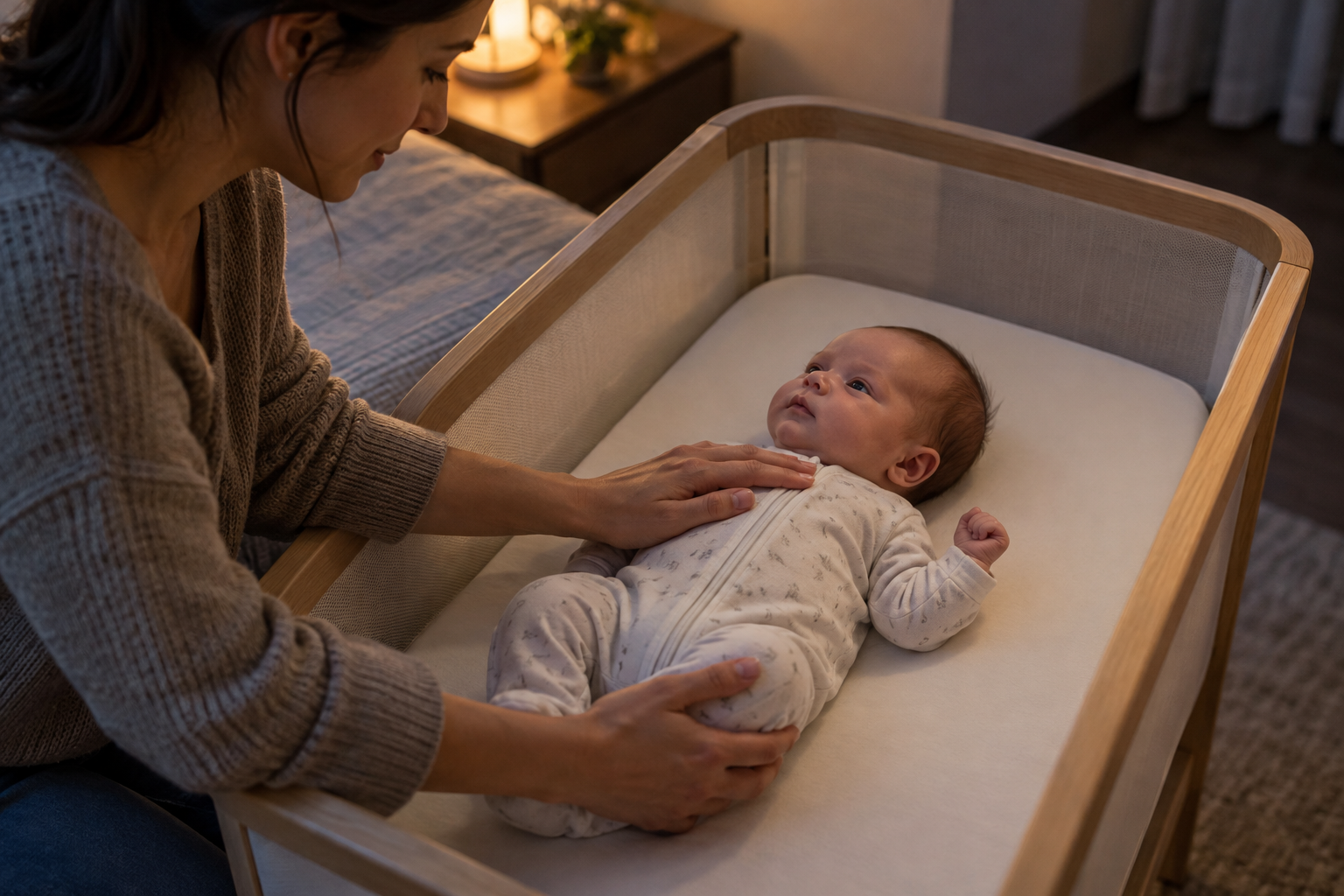 A parent keeps a gentle hand on a newborn's chest after placing the baby on their back in a bare bassinet.
