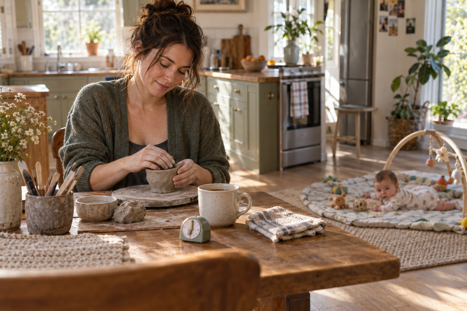 A mother shapes clay at a kitchen table while her baby rests on a play mat nearby.