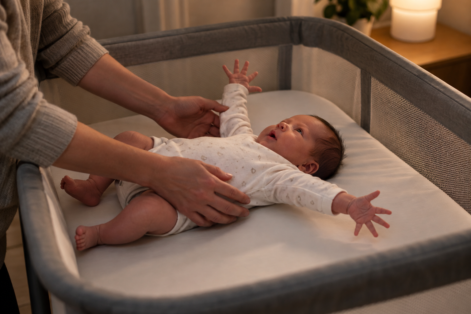A newborn briefly extends both arms while lying on their back in a bare bassinet as a parent's hands remain close by.