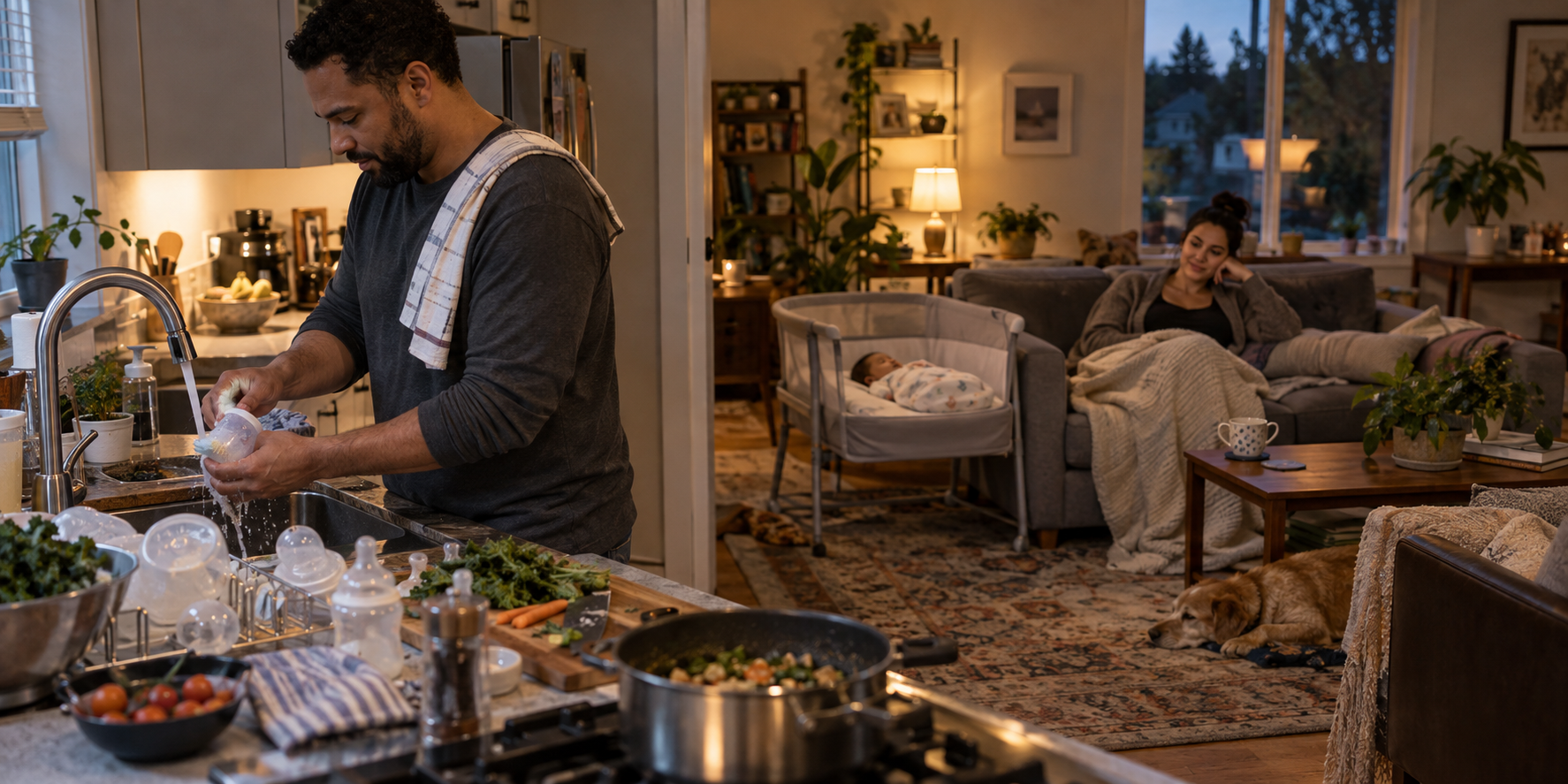 A partner washes bottles and prepares food in the kitchen while a mother rests near her sleeping baby in the adjoining room.