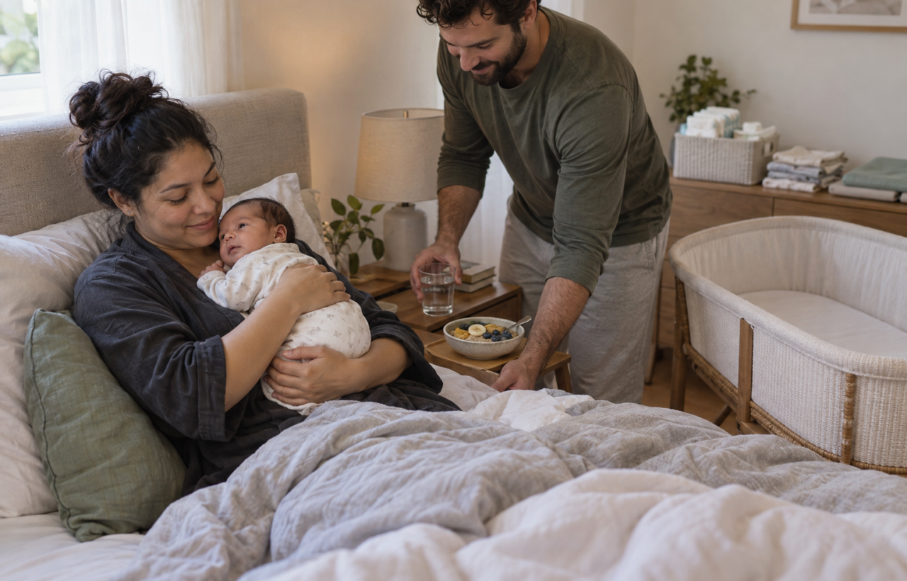 A mother holds her newborn beside an empty bassinet while a partner brings water and food, with diapers, wipes and baby clothes nearby.