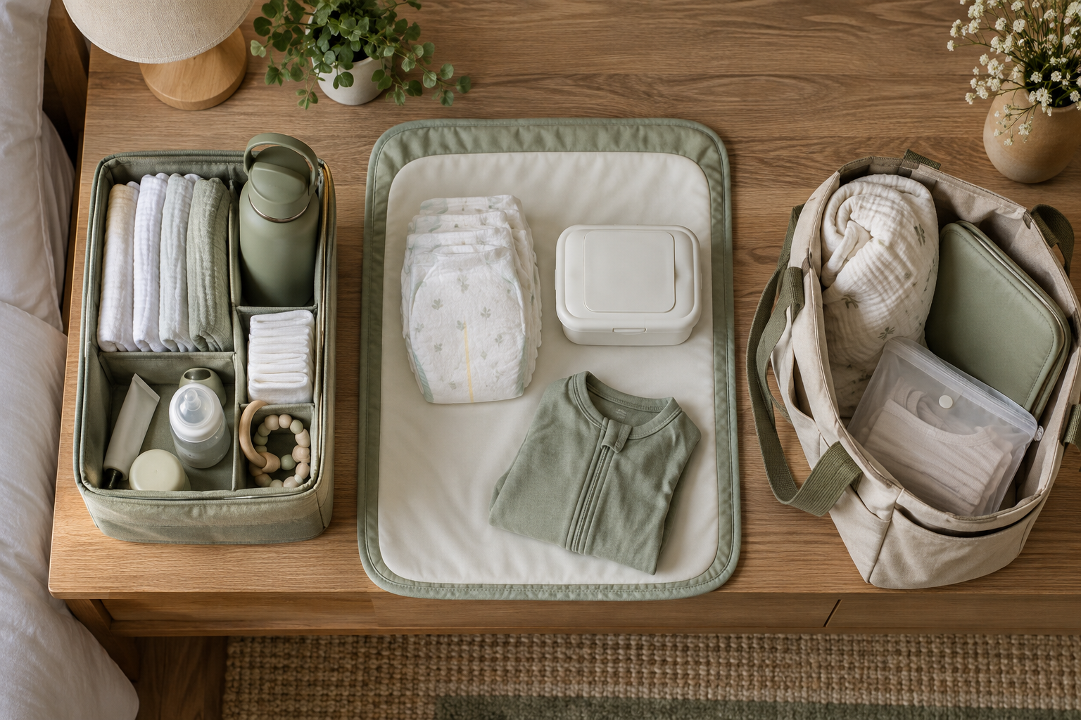 Three organized newborn care stations hold feeding supplies, diaper-changing basics and a packed bag for leaving home.