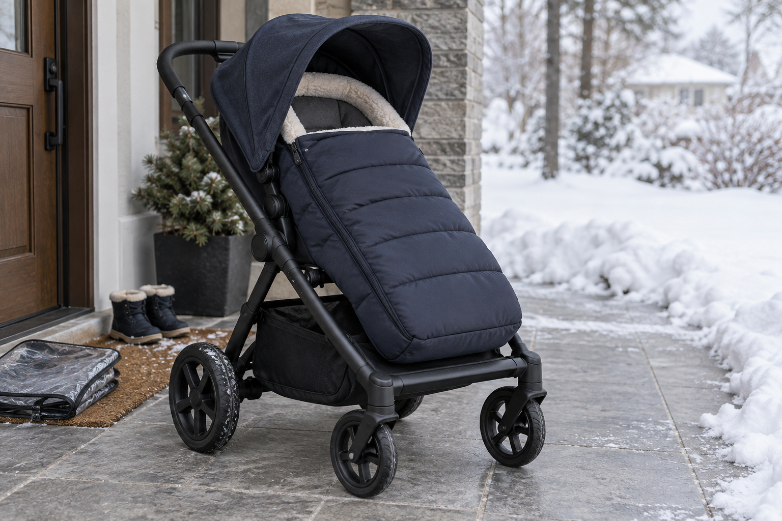 Side view of a stroller with a full-length footmuff fitted flat against the seat and secured away from the wheels.