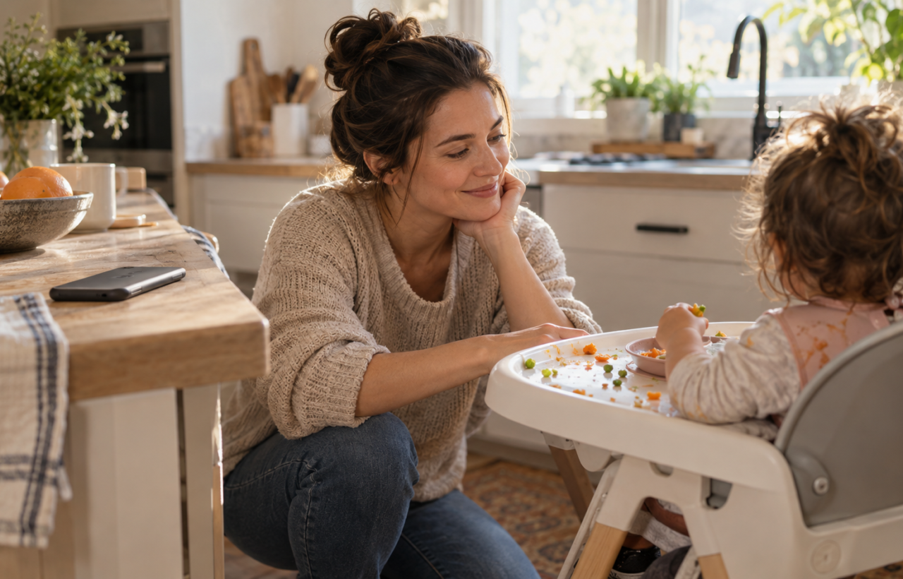 A caregiver kneels beside a toddler after a messy meal while a smartphone rests face-down on the kitchen counter.