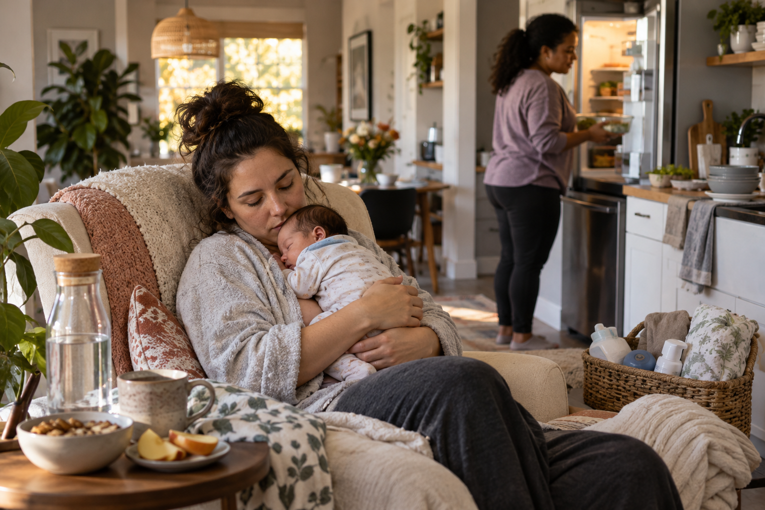A new mother rests with her newborn while a friend puts away a prepared meal, with water, snacks and comfort supplies close by.