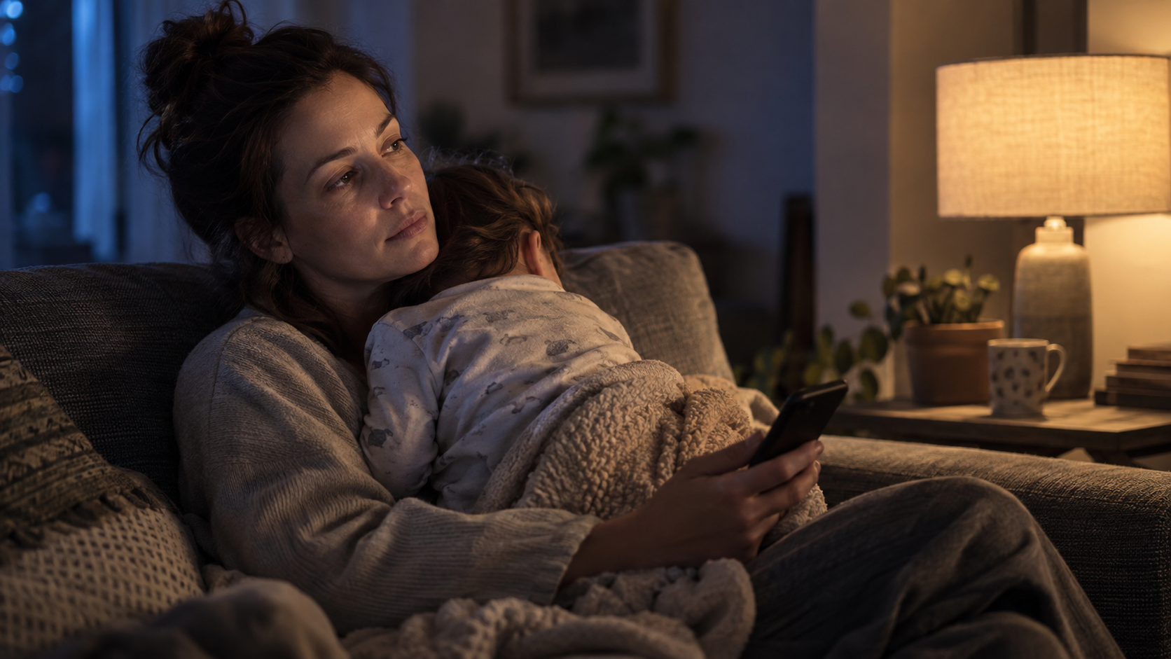 A tired caregiver pauses with a smartphone while a young child sleeps against their shoulder.
