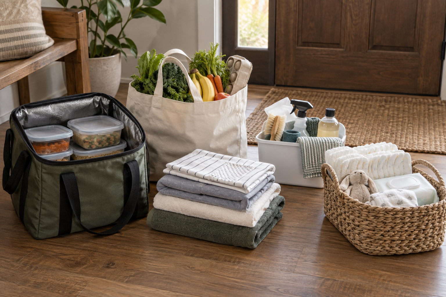 Prepared meals, groceries, folded laundry, cleaning supplies, diapers and wipes are arranged as practical gifts for a new family.
