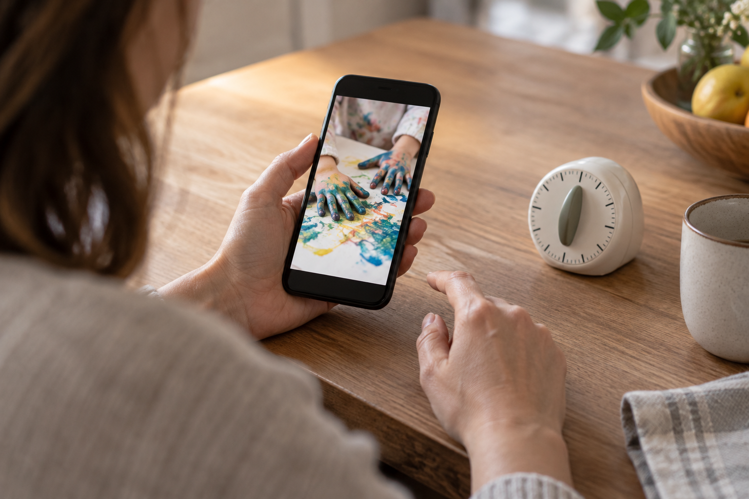 An adult reviews a photo of a child's painted hands on a phone beside a small kitchen timer.
