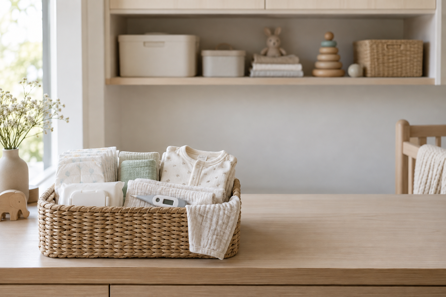 Immediate newborn supplies sit in an accessible basket while larger clothes and later-use items are stored on an upper shelf.