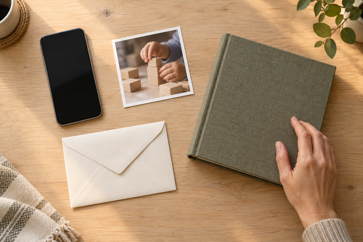 An adult hand reaches toward a family photo album beside a phone, a printed photo, and a sealed envelope.